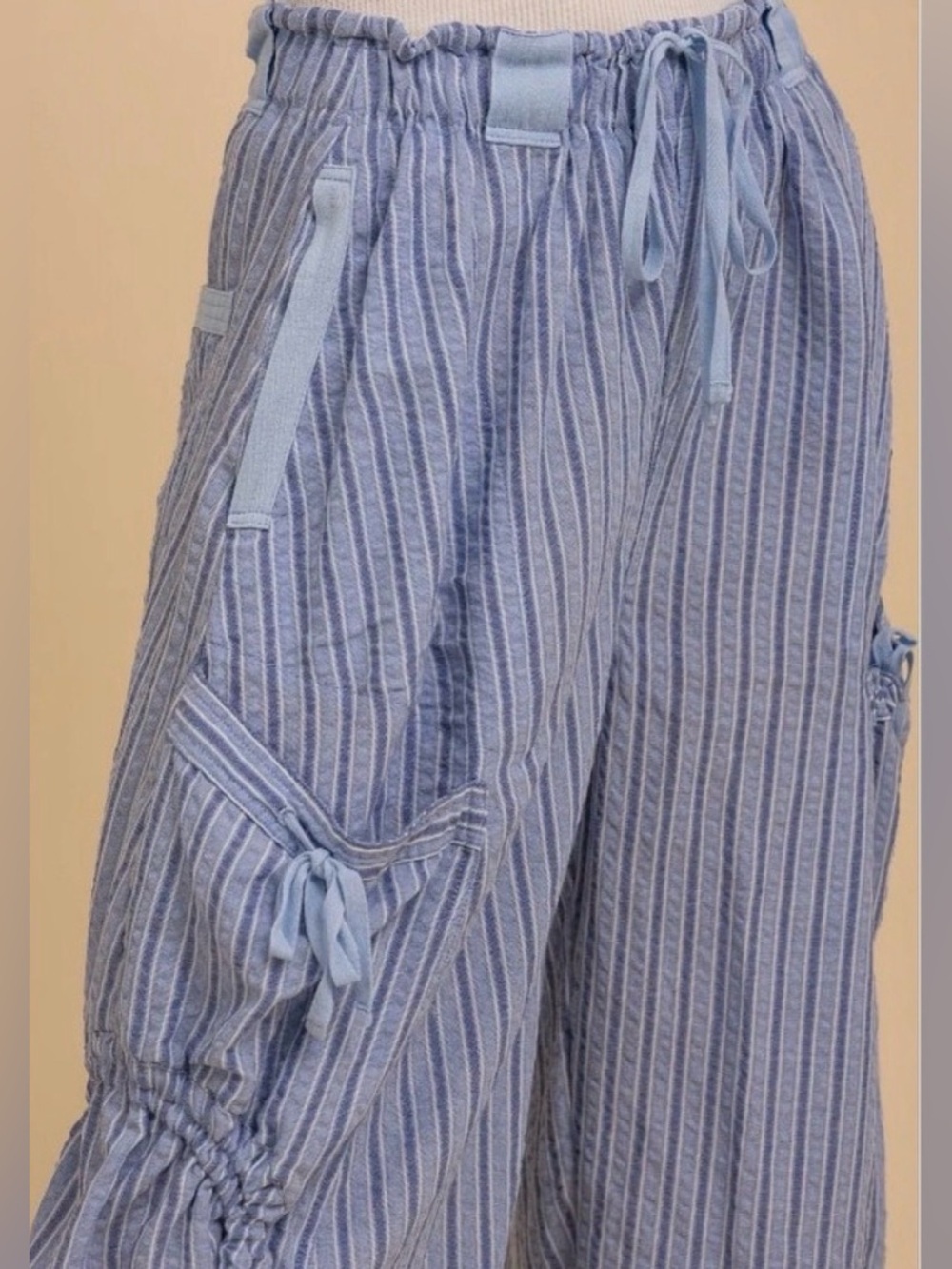 Blue Velvet Breana White Blue Striped Balloon Cargo Pants Boho Coastal Parachute - Picture 3 of 12